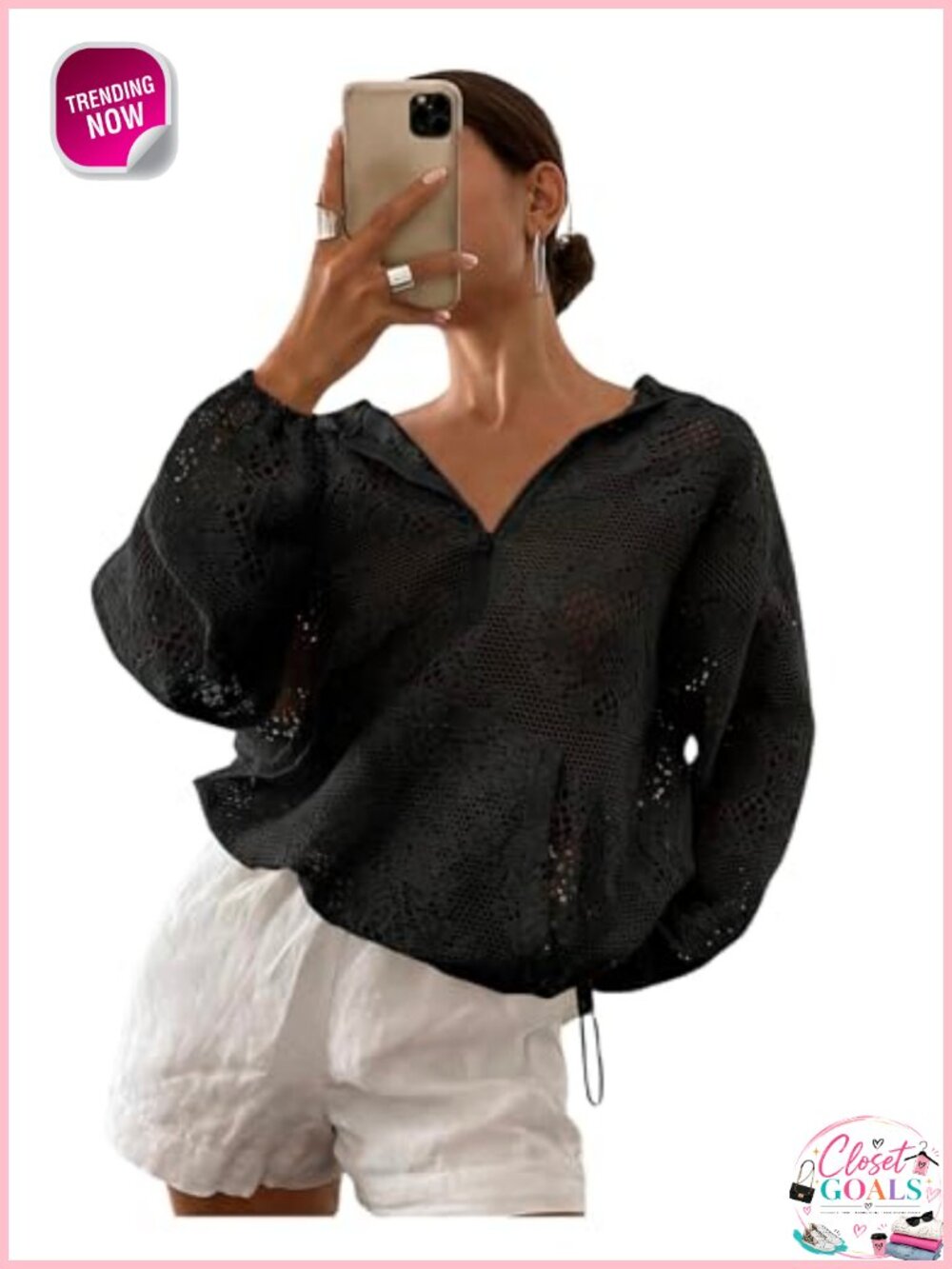 Hollow Out Crochet Hoodie Sweatshirt Half Zip Lace Mesh Long Sleeve Women's